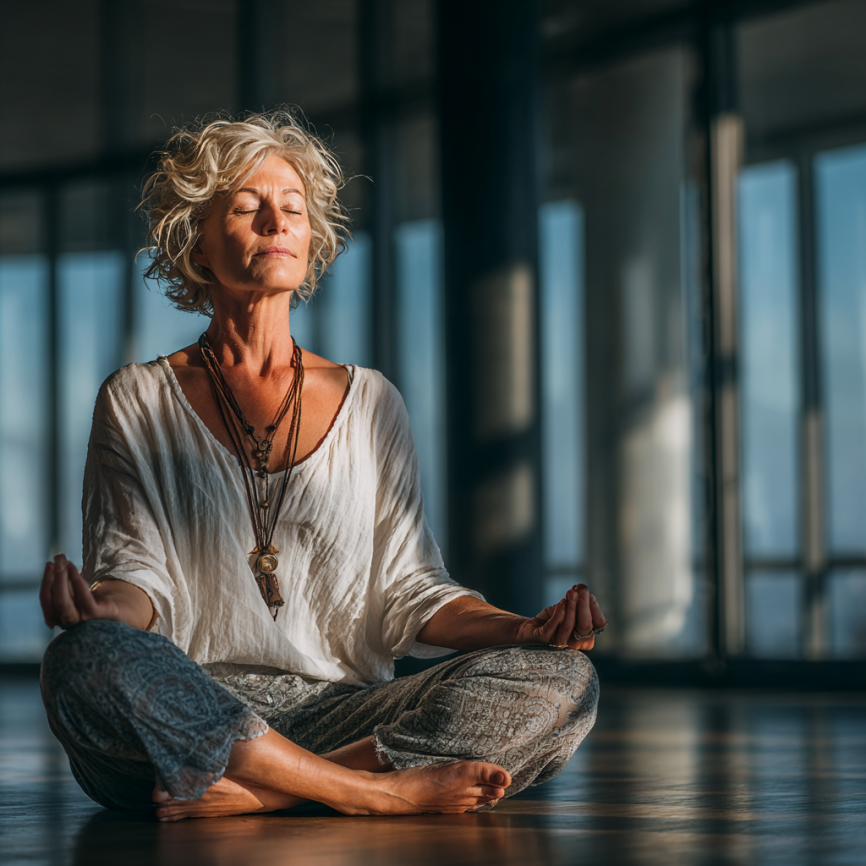 Літня жінка займається йогою на природі